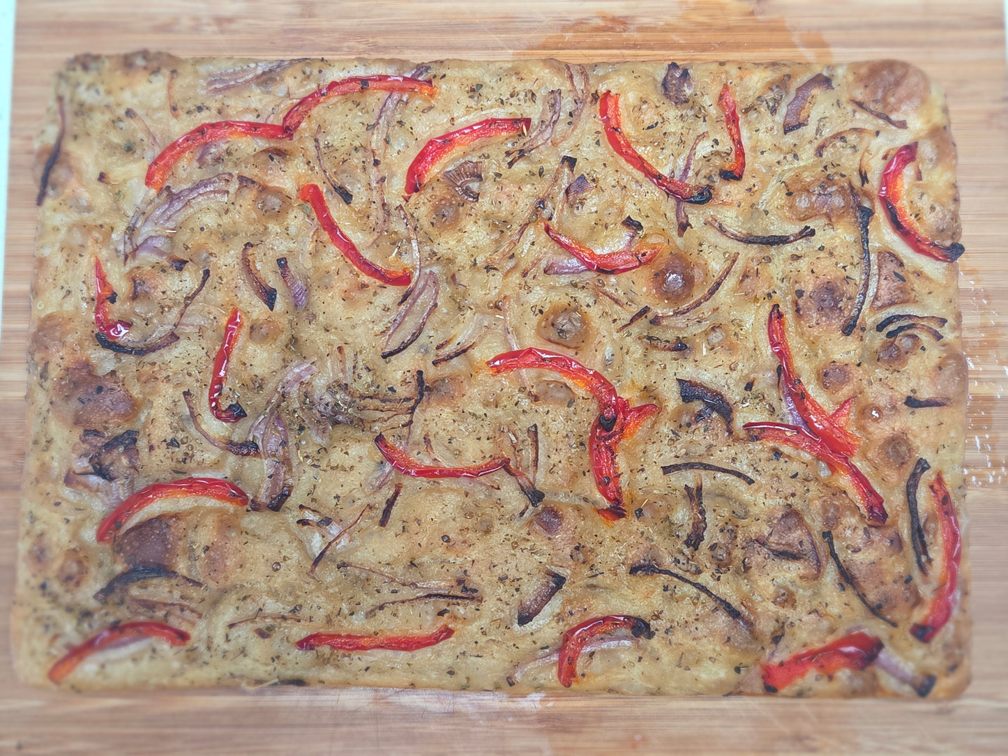 Sourdough Focaccia with red capsicum and caramelized onion