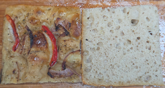 Sourdough Focaccia with red capsicum and caramelized onion
