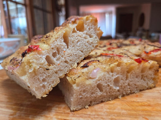 Sourdough Focaccia with red capsicum and caramelized onion